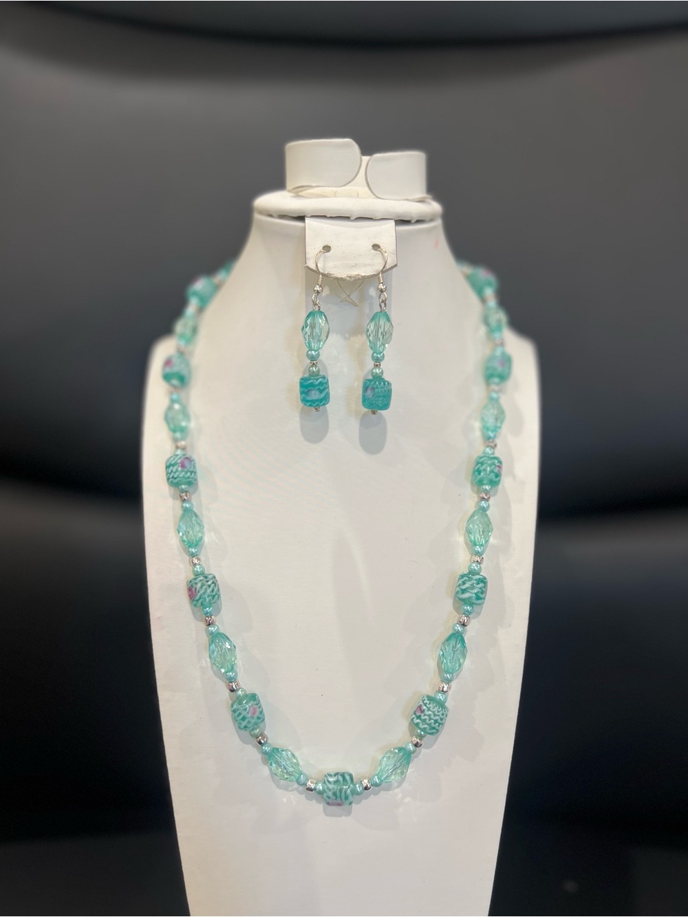 Handcrafted Aqua Glass, Metal, Acrylic Bead Necklace & Earring Set